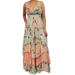 H&M Gisele Bundchen Boho Maxi Dress  Floral Ruffled Tiers Pink Lt BlueSize 8